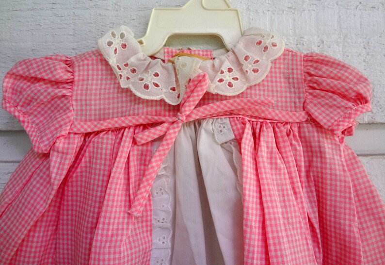 Vintage pink gingham dress with white eyelet lace- Size 0 newborn- new, never worn image 2