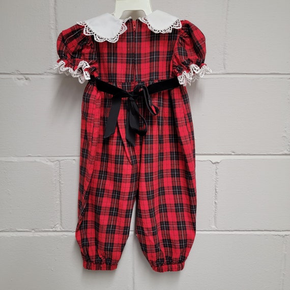 Vintage Girls Red and Black Plaid Romper with Sco… - image 5