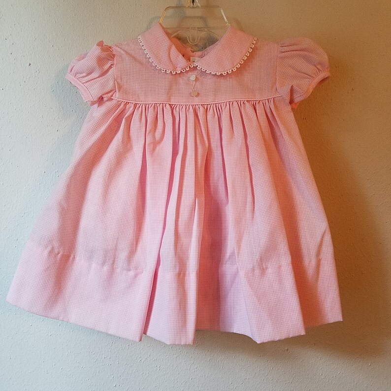 never worn- Vintage Girls Pink Gingham Dress with Peter Pan Collar trimmed in Lace with Bloomers by C.I Size 9 months- New Castro
