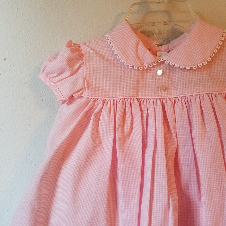 never worn- Vintage Girls Pink Gingham Dress with Peter Pan Collar trimmed in Lace with Bloomers by C.I Size 9 months- New Castro
