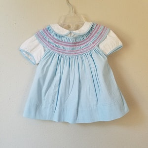 Vintage Girls Blue Cotton Pinafore with Bishop Smocking and Blouse- Size 12 months- Gently Worn- Easter Dress- Birthday Party