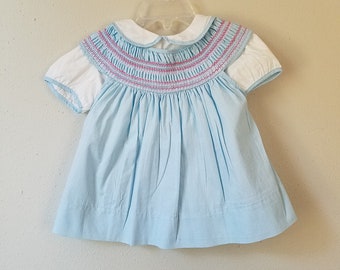 vintage Girls Blue Cotton Pinafore with Bishop Smocks and Blouse- Taille 12 mois- Gently Worn- Easter Dress- Birthday Party