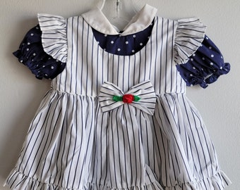 Vintage Girls Dress and Pinafore in Navy Blue Stripes and Polka Dots with Ruffle- Size 18 months- 80s Classic Party Dress- Back to School
