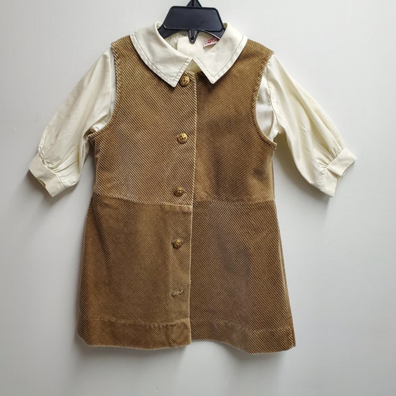 Vintage Girls Brown Corduroy Dress with Brass But… - image 1