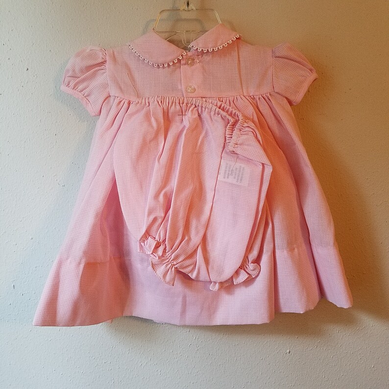 never worn- Vintage Girls Pink Gingham Dress with Peter Pan Collar trimmed in Lace with Bloomers by C.I Size 9 months- New Castro