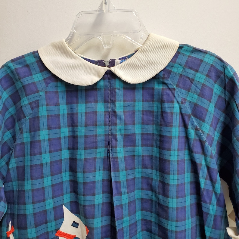 Long Sleeved Gently Worn Thanksgiving Dress Christmas- Size 4t Vintage Girls Blue and Green Plaid Dress with Dog by Florence Eiseman