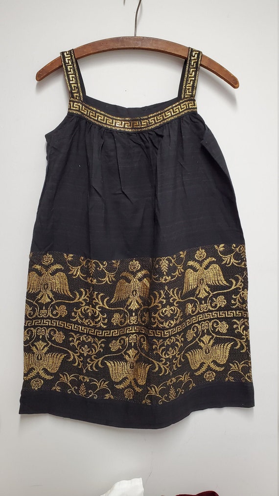 Vintage Girls Black Linen-like Dress with Gold Et… - image 1