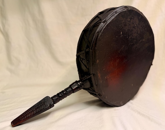Vintage Nepalese Dhyangro Shaman Ritual Drum Carved Phurba Handle Himalayan Folk Art