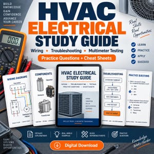 May include: An HVAC Electrical Study Guide digital download featuring wiring diagrams, component illustrations, troubleshooting flowcharts, and practice questions. Includes a multimeter, text headers, and educational content for learning electrical systems.