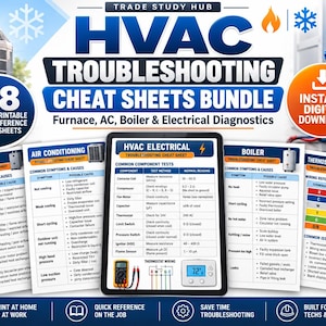 May include: A digital bundle of 8 HVAC troubleshooting cheat sheets featuring furnace, air conditioning, boiler, and electrical diagnostics. The documents include tables for common symptoms, causes, and component tests with technical wiring references.