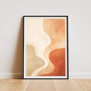 Puede incluir: Una lámina de arte mural rectangular en un marco negro fino que presenta una composición abstracta de formas fluidas y orgánicas en tonos crema, verde salvia apagado, melocotón suave y terracota intenso con textura de pintura visible.