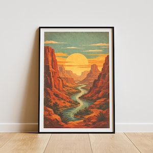 Desert Canyon Sunset Pixel art — A Vintage River Gorge Landscape in Rust and Amber Tones | National Park Retro Printable Poster