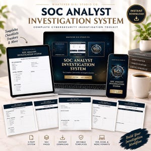 Op de afbeelding: Een digitale SOC Analyst Investigation System toolkit met een laptop, tablet en smartphone die cybersecurity-sjablonen, checklists en trackers weergeven, inclusief geprinte werkbladen, incidenttijdlijnen en analyse-logs.