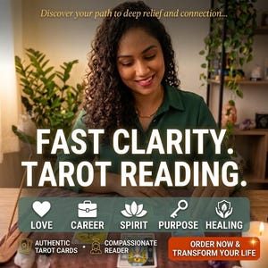 Könnte beinhalten: Eine Werbeanzeige für Tarot-Lesungen mit dem Text "FAST CLARITY. TAROT READING." und "Discover your path to deep relief and connection..." sowie Symbolen für Liebe, Karriere, Geist, Bestimmung und Heilung, ergänzt durch "AUTHENTIC TAROT CARDS" und "COMPASSIONATE READER".