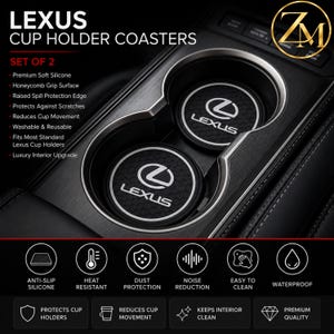 Peut inclure: Un ensemble de deux dessous de verre en silicone noir et blanc pour porte-gobelet de véhicule Lexus. Chaque dessous de verre circulaire présente une surface antidérapante en nid d'abeille, un bord surélevé et le logo Lexus avec texte.