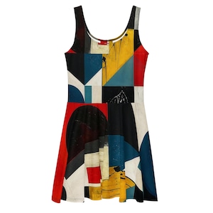 May include: A sleeveless skater dress featuring a bold geometric pattern with blocks of primary colors including red, yellow, blue, black, and white. The design incorporates various shapes such as circles, triangles, and rectangles.