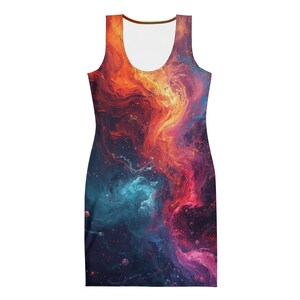 May include: A sleeveless tank dress featuring a vibrant, all-over print of a swirling nebula. The design displays deep shades of blue, purple, and magenta, contrasted by bright streaks of orange, yellow, and red, resembling outer space.