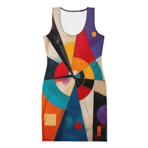 May include: A sleeveless tank dress featuring a vibrant abstract print with geometric shapes including circles, triangles, and squares. The design incorporates a bold color palette of red, orange, yellow, teal, blue, black, and cream with textured paint-like strokes.
