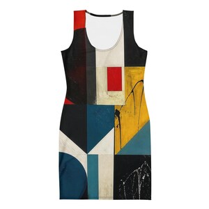 May include: A sleeveless tank dress featuring a geometric pattern of black, white, red, yellow, and blue blocks. The design includes sharp lines, solid rectangles, triangles, and circular shapes with textured paint splatters across the surface.