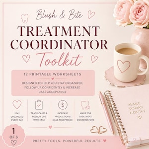 以下が含まれることがあります： 12枚の印刷可能なワークシートを含むBlush & Bite Treatment Coordinator Toolkitのグラフィック。テキストには「TREATMENT COORDINATOR TOOLKIT」、「12 PRINTABLE WORKSHEETS」、「MAKE TODAY COUNT」が含まれています。ハート、歯、クリップボードのアイコンが描かれています。