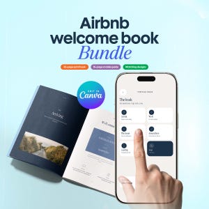 May include: An Airbnb welcome book bundle featuring a 32-page print book and a 15-page mobile guide. The display shows an open book with dark and light pages alongside a smartphone screen displaying a digital interface with the text Edit in Canva.