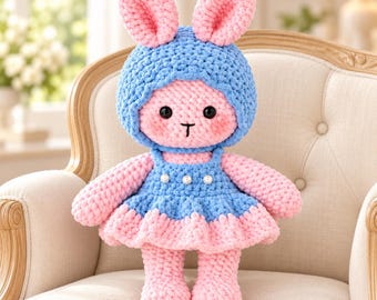 Wzór na szydełkowego króliczka w formacie PDF, lalka króliczek amigurumi w sukience i kapturze