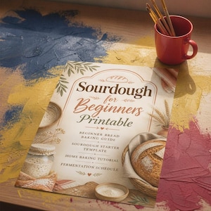 May include: A printed guide titled Sourdough for Beginners Printable, featuring text about a bread baking guide, sourdough starter template, home baking tutorial, and fermentation schedule, decorated with illustrations of bread, wheat, and jars.