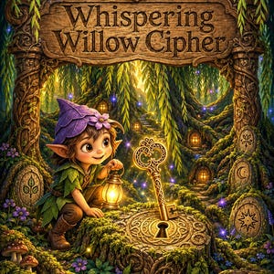 Puede incluir: Una ilustración de fantasía titulada Whispering Willow Cipher que muestra a un pequeño elfo con sombrero morado sosteniendo una linterna brillante. Una llave dorada se alza sobre un tocón con una cerradura. La escena incluye piedras grabadas.