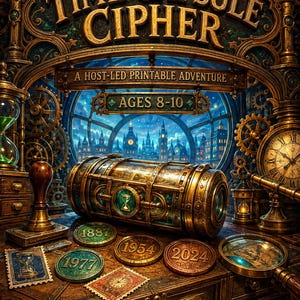 May include: A Time Capsule Cipher host-led printable adventure game for ages 8-10. The image features a brass cylindrical container, circular tokens marked 1887, 1954, 1977, and 2024, postage stamps, a magnifying glass, and a clock-themed background.