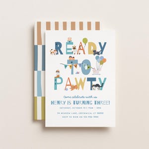 Puede incluir: Una tarjeta de invitación rectangular con el texto READY TO PAWTY, ilustrada con gatos que llevan gorros de fiesta, globos y banderines. La tarjeta incluye los detalles del evento para el tercer cumpleaños de Henry el 10 de octubre.