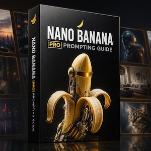 Könnte beinhalten: Eine schwarze, rechteckige Produktbox mit der Aufschrift NANO BANANA PRO PROMPTING GUIDE und einem gelben Bananensymbol. Die Vorderseite zeigt eine Grafik einer teilweise geschälten Banane mit mechanischen, metallischen Innenteilen und einem goldenen Visier.