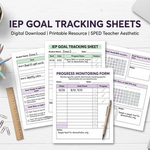 May include: A set of IEP goal tracking sheets and a progress monitoring form with printed text including Student Name, Date, Goal, Progress Notes, and Mastery. The documents feature light green and purple headers on white paper with grid layouts.
