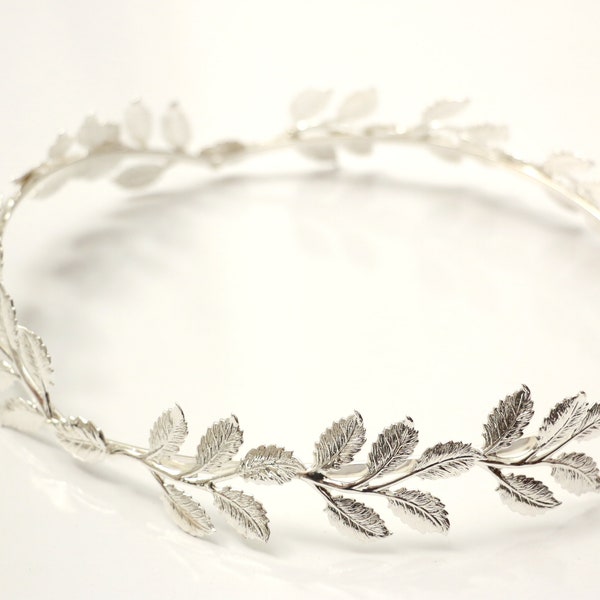 Couronne halo de la déesse grecque. Bandeau de mariée en feuille d'argent. Morceau de vigne de cheveux romains. Diadème couronne de laurier. Anniversaire de princesse mariée douce Quinceanera