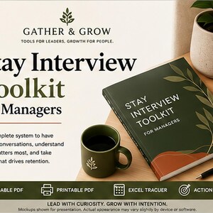 May include: A Stay Interview Toolkit for Managers book with a dark green cover featuring leaf illustrations, a matching dark green mug, and a black pen. The text reads Gather & Grow, Stay Interview Toolkit for Managers, and includes icons for fillable and printable PDFs.