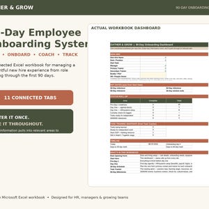 May include: A 90-Day Employee Onboarding System Excel workbook template featuring a dashboard with sections for new hire details, key dates, status roll-ups, task training snapshots, and a timeline. The layout uses olive green and terracotta accents.
