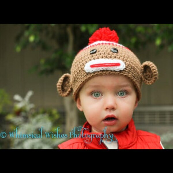 Crochet Red White Tan Monkey Hat Boy or Girl Newborn Infant Toddler Beanie Photography Prop