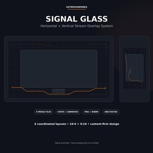 May include: A digital stream overlay system titled SIGNAL GLASS by ASTERIVOWORKS. It features horizontal and vertical layouts with dark gray frames, orange circuit-style accents, and grid patterns. Includes 8 media files, static and animated options, PNG and WEBM formats, and 4 coordinated layouts in 16:9 and 9:16 aspect ratios.