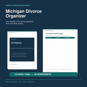 Organizzatore per il divorzio in Michigan: strumento di monitoraggio in Excel, fogli di lavoro compilabili e guida alla preparazione.