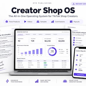 Puede incluir: Un panel digital titulado Creator Shop OS mostrado en la pantalla de una computadora portátil y un teléfono inteligente, con gráficos de datos, listas de productos y métricas de rendimiento, junto a dos páginas de guía impresas.