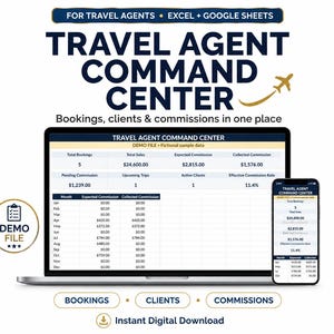 Travel Agent Commission Tracker Spreadsheet | Booking and Client Dashboard | Excel + Google Sheets