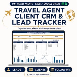 Puede incluir: Una hoja de cálculo digital de CRM y seguimiento de clientes para agentes de viajes en una pantalla de portátil. El panel muestra tablas y gráficos para gestionar clientes potenciales y seguimientos, con detalles en azul marino y dorado.