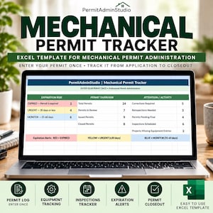 Könnte beinhalten: Ein Laptop-Bildschirm mit einer Excel-Vorlage zur Nachverfolgung mechanischer Genehmigungen. Das Dashboard enthält Bereiche für Ablaufrisiken, eine Genehmigungsübersicht und Aktivitäten mit farbcodierten Warnmeldungen.