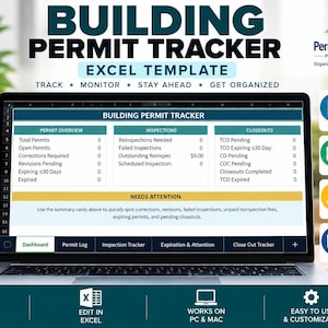 May include: A digital Building Permit Tracker Excel template displayed on a laptop screen. The dashboard features sections for Permit Overview, Inspections, and Closeouts with data fields. Text includes Permit Log, Inspection Tracker, and Expiration.