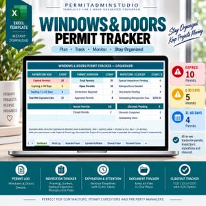 Pode incluir: Um modelo de Excel para rastreamento de licenças de janelas e portas exibido na tela de um laptop. O painel apresenta tabelas para riscos de expiração, visão geral de licenças e inspeções. Inclui alertas de status codificados por cores para licenças expiradas ou próximas ao vencimento, além de guias para registros e documentos.