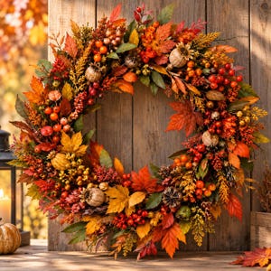 May include: A circular autumn wreath featuring a dense arrangement of vibrant orange, red, and yellow maple leaves, clusters of bright red berries, dried seed pods, and golden wheat stalks, creating a rich display of seasonal fall foliage.