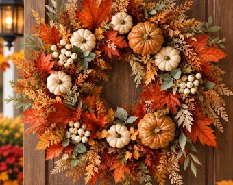 Autumn Pumpkin Wreath For Front Door, Fall Harvest Pumpkin Wreath, Maple Leaf Thanksgiving Wall Hanging, Autumn Pumpkin Door Wreath