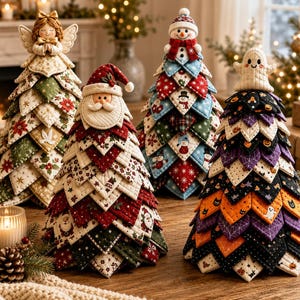 May include: Four decorative fabric trees featuring quilted, layered triangular patches. One tree is topped with an angel, one with a Santa Claus face, one with a snowman, and one with a ghost. Each tree displays seasonal patterns including poinsettias, Santa figures, snowmen, and Halloween motifs like pumpkins and spiderwebs.