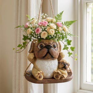 Pug Hanging Planter, Cute Dog Plant Pot, Hanging Flower Pot, Puppy Planter, Whimsical Indoor Decor, Unique Gift for Dog Lover