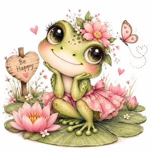 Puede incluir: Una rana verde con ojos grandes y pestañas largas lleva una falda floral rosa y una corona de flores. Está sentada sobre un nenúfar junto a un letrero de madera en forma de corazón que dice Be Happy. Una mariposa rosa vuela cerca entre flores de loto.