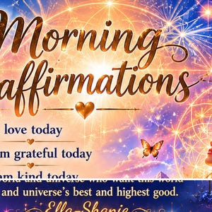 May include: A digital graphic titled Morning affirmations featuring a hummingbird, a white dove, butterflies, and a person with eyes closed. The text includes I love today, I am grateful today, I am kind today, and text about the universe's best good.